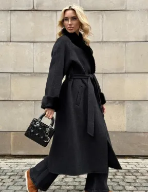 Женское демисезонное шерстяное пальто-халат с отделкой из меха норки