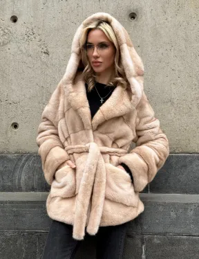 Женский норковый полушубок Premium fur с капюшоном 