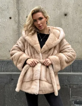 Женский норковый полушубок Premium fur с капюшоном 