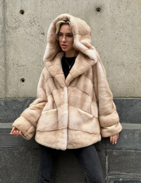 Женский норковый полушубок Premium fur с капюшоном 