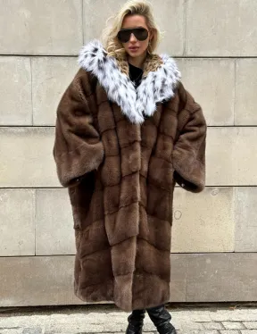 Норковая шуба с капюшоном из лисы под рысь - стиль 