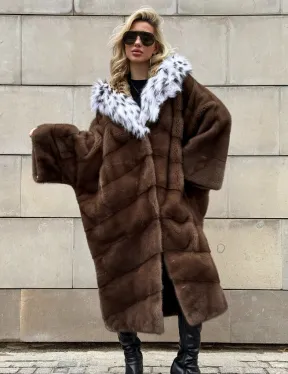 Норковая шуба с капюшоном из лисы под рысь - стиль 