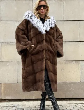 Норковая шуба с капюшоном из лисы под рысь - стиль 