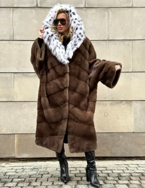 Норковая шуба с капюшоном из лисы под рысь - стиль 