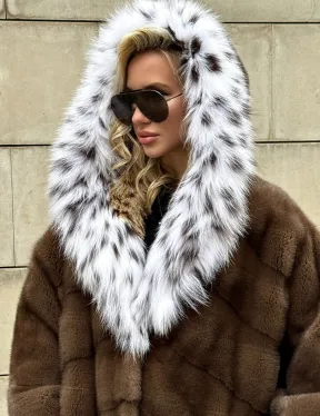 Норковая шуба с капюшоном из лисы под рысь - стиль 