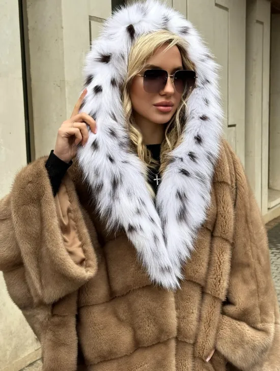 Норковая шуба больших размеров в стиле Бохо с капюшоном под рысь