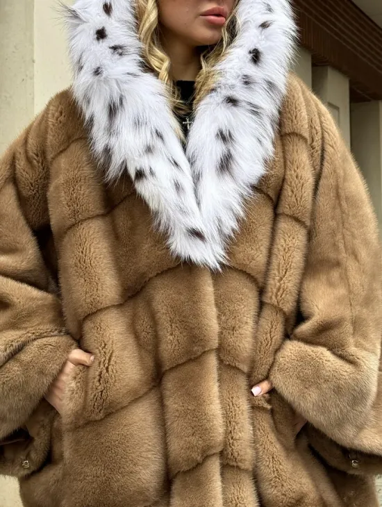Норковая шуба больших размеров в стиле Бохо с капюшоном под рысь