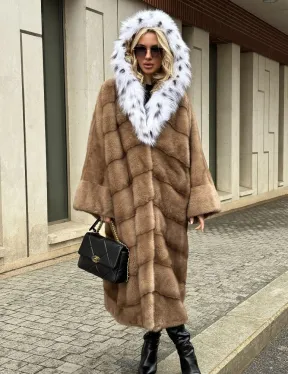 Норковая шуба больших размеров в стиле Бохо с капюшоном под рысь