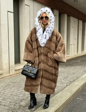 Норковая шуба больших размеров в стиле Бохо с капюшоном под рысь