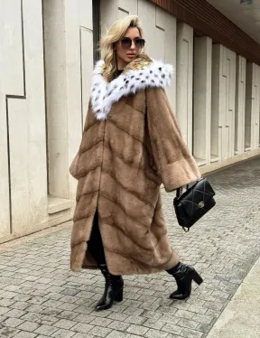 Норковая шуба больших размеров в стиле Бохо с капюшоном под рысь