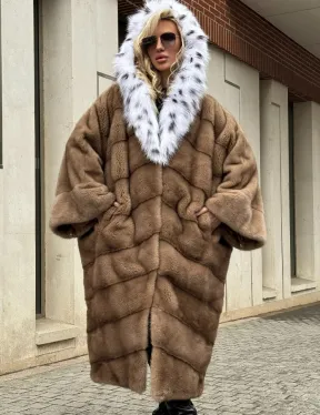 Норковая шуба больших размеров в стиле Бохо с капюшоном под рысь