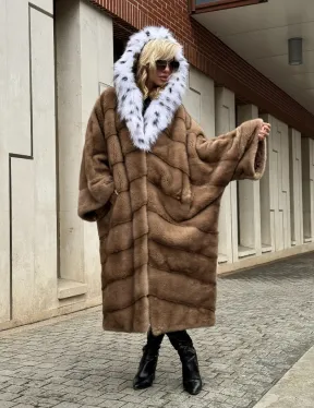 Норковая шуба больших размеров в стиле Бохо с капюшоном под рысь