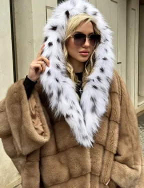 Норковая шуба больших размеров в стиле Бохо с капюшоном под рысь