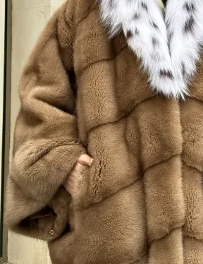 Норковая шуба больших размеров в стиле Бохо с капюшоном под рысь