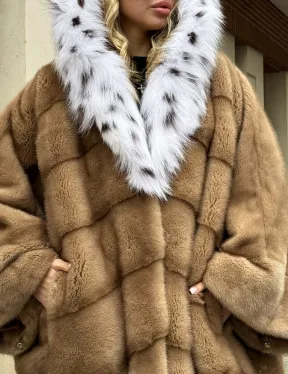 Норковая шуба больших размеров в стиле Бохо с капюшоном под рысь