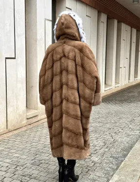 Норковая шуба больших размеров в стиле Бохо с капюшоном под рысь