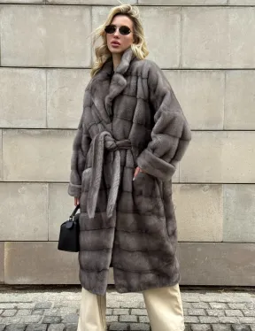 Шуба - кимоно под пояс из меха аукционной норки с английским воротником