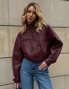 Бомбер женский из натуральной плетеной кожи - Burgundy цвет