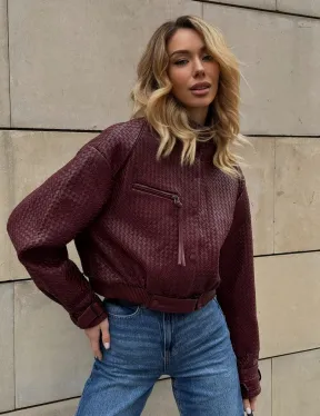 Бомбер женский из натуральной плетеной кожи - Burgundy цвет