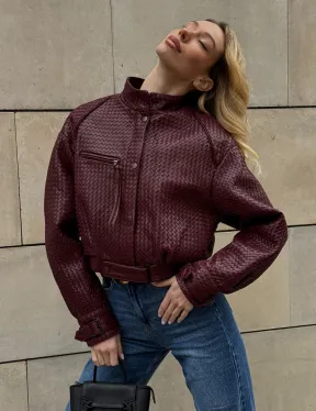 Бомбер женский из натуральной плетеной кожи - Burgundy цвет
