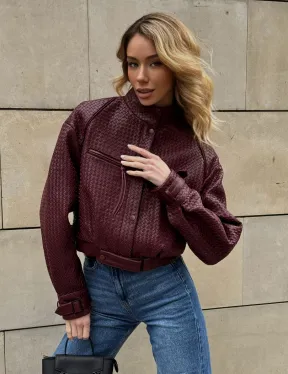 Бомбер женский из натуральной плетеной кожи - Burgundy цвет
