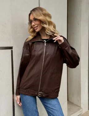 Коричневая кожаная курточка - бомбер на молнии