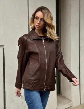 Коричневая кожаная курточка - бомбер на молнии