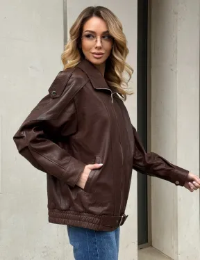 Коричневая кожаная курточка - бомбер на молнии