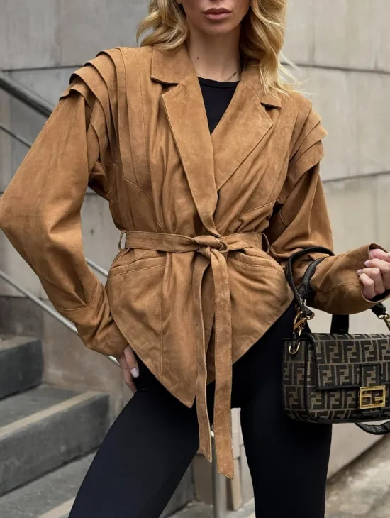 Женская куртка из замшевой кожи с поясом - American style