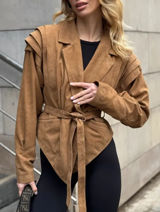 Женская куртка из замшевой кожи с поясом - American style