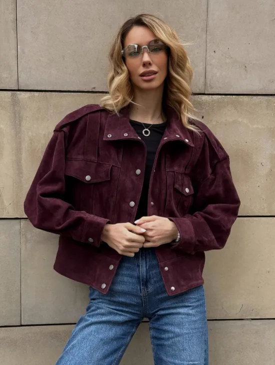 Винтажная женская повседневная куртка из натуральной замши Burgundy