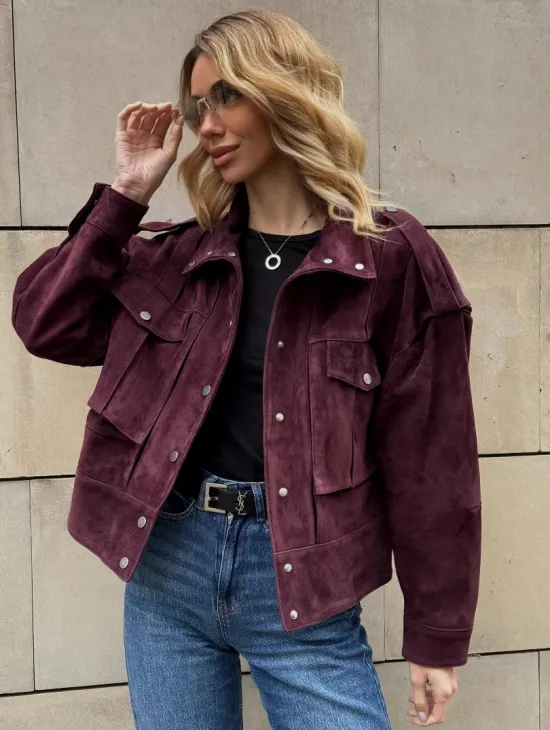 Винтажная женская повседневная куртка из натуральной замши Burgundy