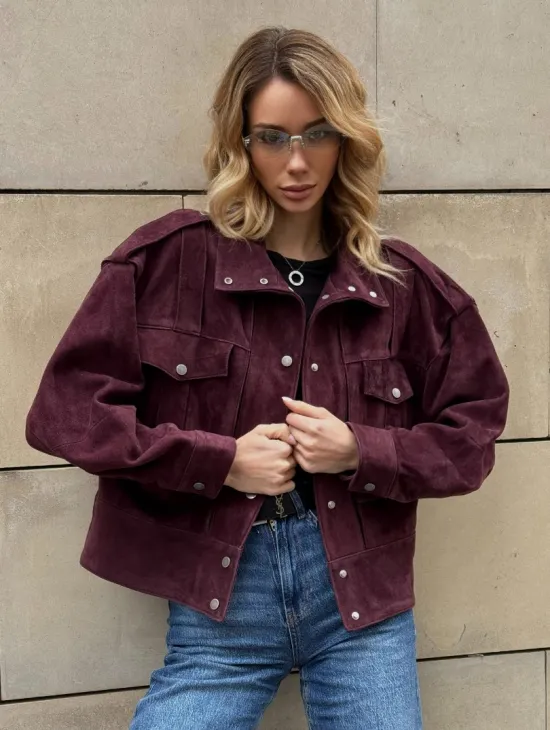 Винтажная женская повседневная куртка из натуральной замши Burgundy