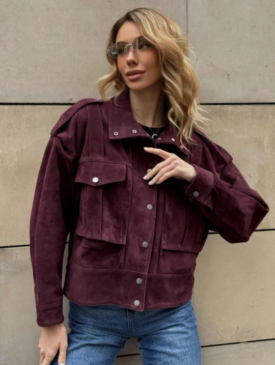 Винтажная женская повседневная куртка из натуральной замши Burgundy