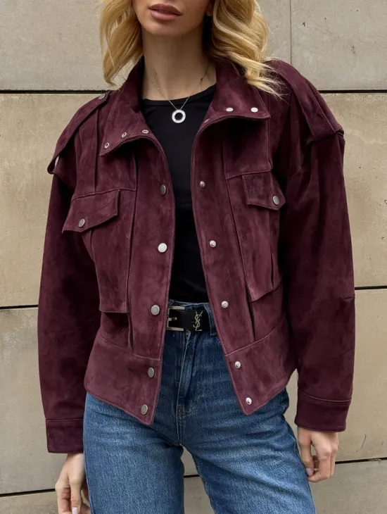 Винтажная женская повседневная куртка из натуральной замши Burgundy