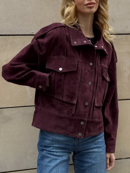 Винтажная женская повседневная куртка из натуральной замши Burgundy