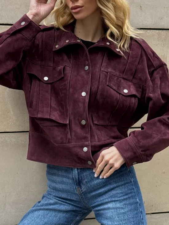 Винтажная женская повседневная куртка из натуральной замши Burgundy