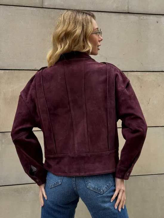 Винтажная женская повседневная куртка из натуральной замши Burgundy
