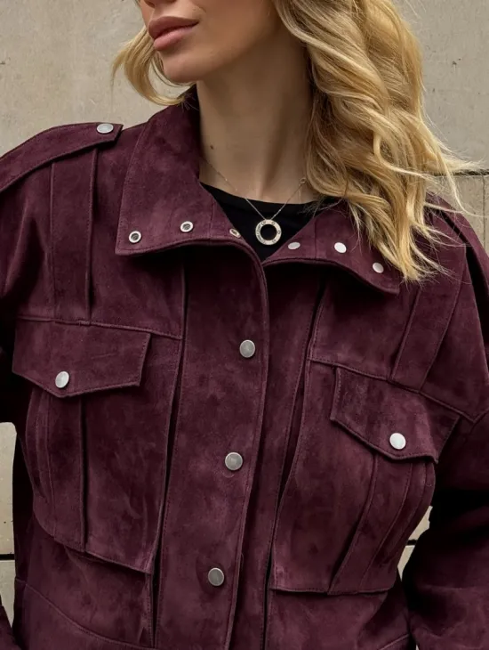 Винтажная женская повседневная куртка из натуральной замши Burgundy