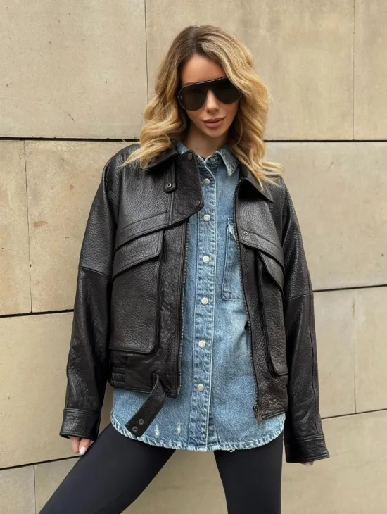 Трендовая куртка - бомбер oversize из натуральной кожи Joomba