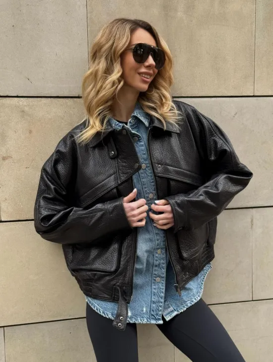 Трендовая куртка - бомбер oversize из натуральной кожи Joomba