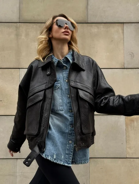 Трендовая куртка - бомбер oversize из натуральной кожи Joomba