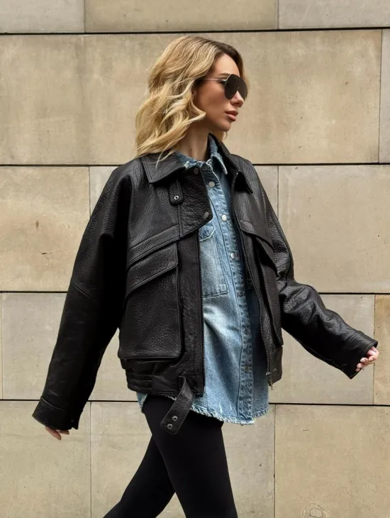 Трендовая куртка - бомбер oversize из натуральной кожи Joomba