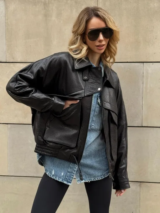 Трендовая куртка - бомбер oversize из натуральной кожи Joomba