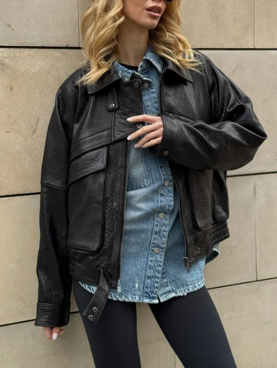 Трендовая куртка - бомбер oversize из натуральной кожи Joomba