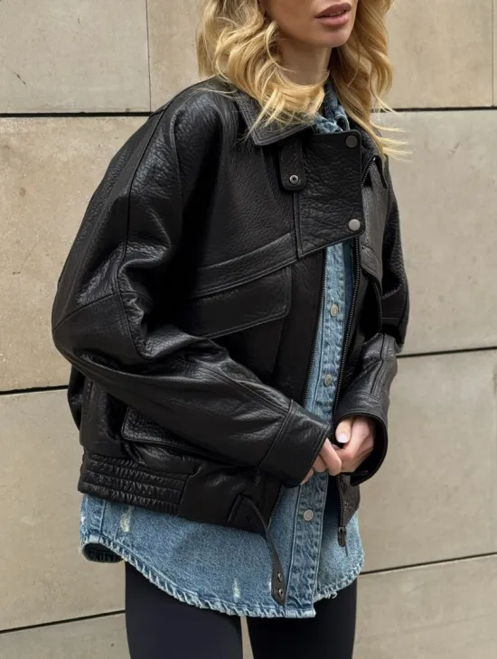 Трендовая куртка - бомбер oversize из натуральной кожи Joomba