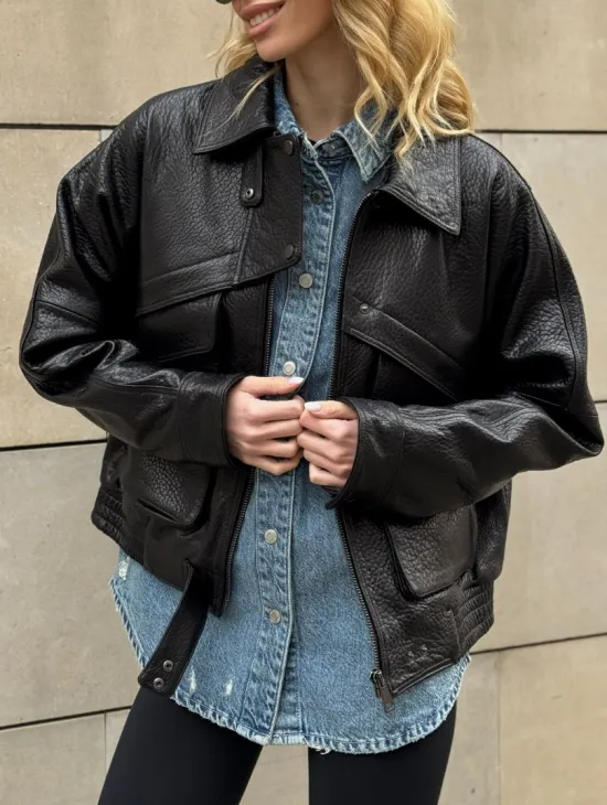 Трендовая куртка - бомбер oversize из натуральной кожи Joomba