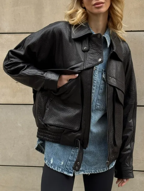 Трендовая куртка - бомбер oversize из натуральной кожи Joomba