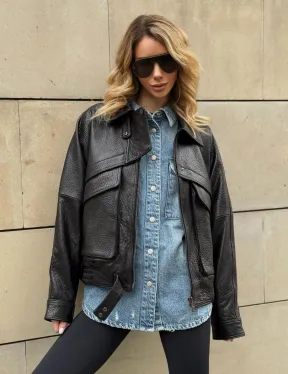 Трендовая куртка - бомбер oversize из натуральной кожи Joomba