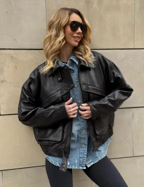 Трендовая куртка - бомбер oversize из натуральной кожи Joomba